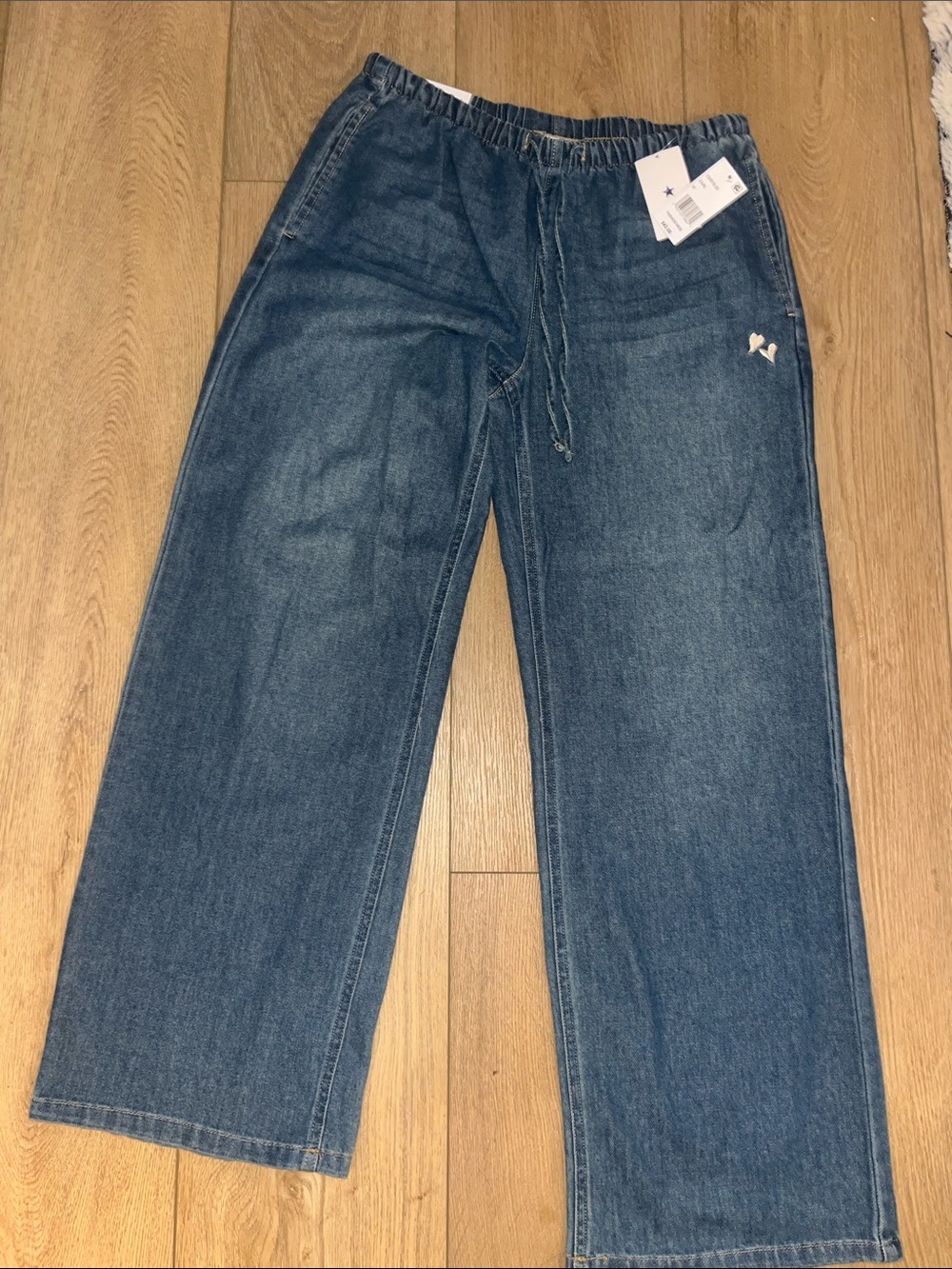Vanilla Star Women's Dark Blue Wide Leg Drawstring Jeans